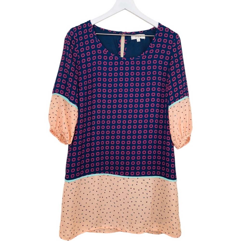 Umgee Style C6950 Peach And Blue Floral‎ Type Printed Popover Flowy Dress Small
